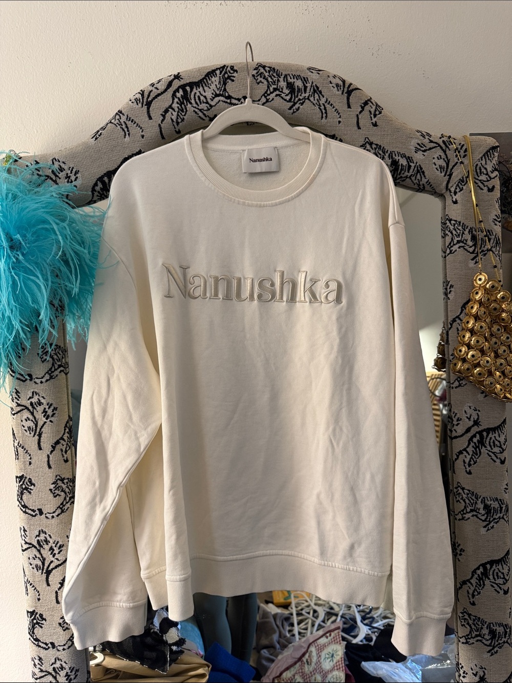 Nanushka Cream Embroidered Logo Crewneck Sweatshirt